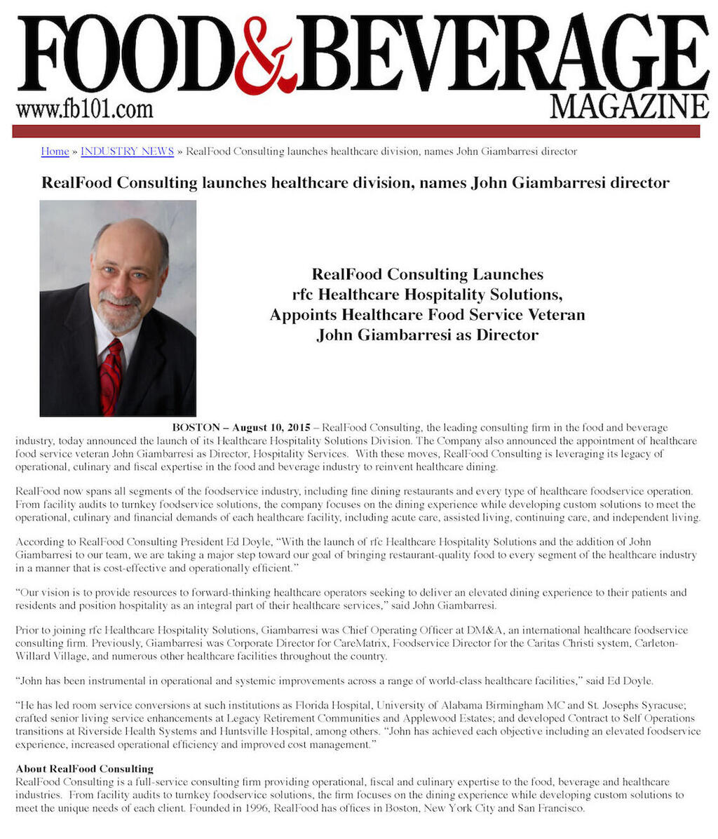 RealFood Consulting Announces Launch of Healthcare Hospitality Solutions and Appoints John Giambarresi Director