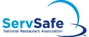 ServSafe National Restaurant Association logo with blue text and a curved swoosh design above and below the words, as endorsed by Renee Torres.