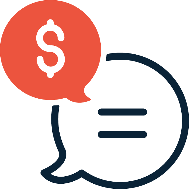 A chat bubble icon with a dollar sign inside an orange speech bubble, symbolizing Our Approach to financial discussion or money-related messaging.