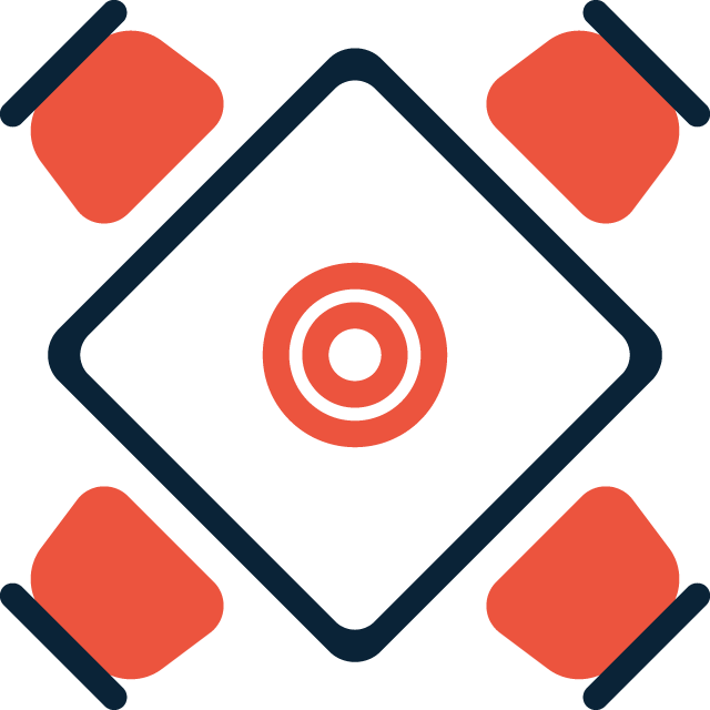 A geometric design illustrating Our Approach, featuring a central red target inside a black diamond, surrounded by four tilted red squares at each corner on a light background.