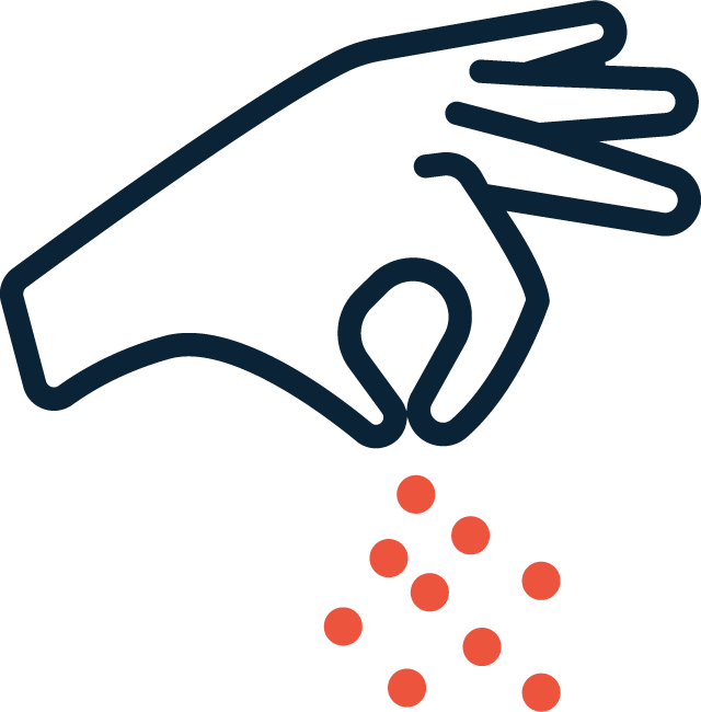 Outline of a hand sprinkling small red dots, symbolizing Our Approach to adding or scattering elements thoughtfully on a plain background.
