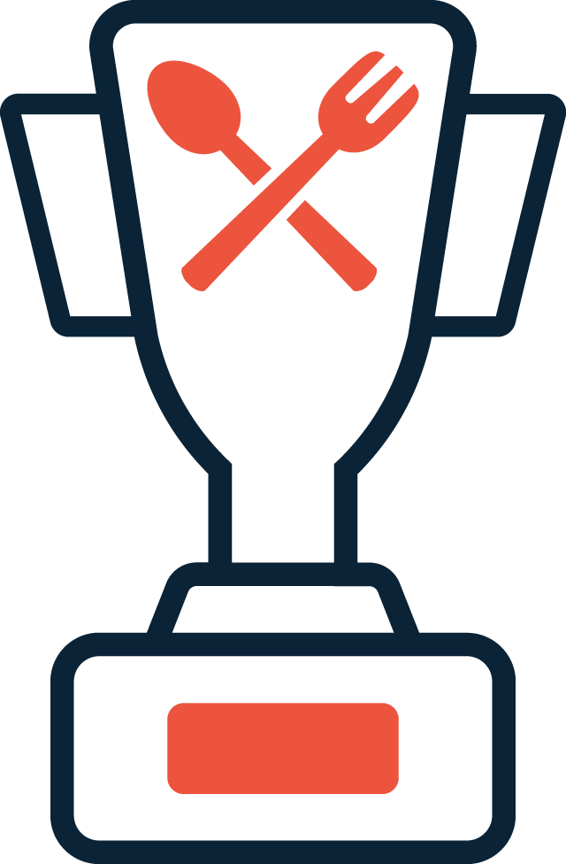 A trophy featuring a crossed spoon and fork symbol on the cup, depicted in red and outlined in black, representing a food or cooking competition award inspired by Our Approach to culinary excellence.