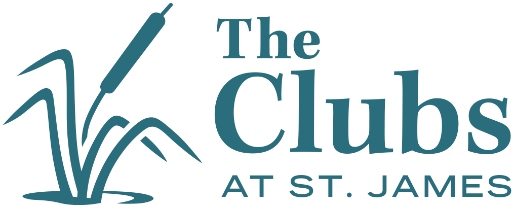Logo for The Clubs at St. James featuring stylized cattails and grass to the left of the text, designed in collaboration with RealFood.